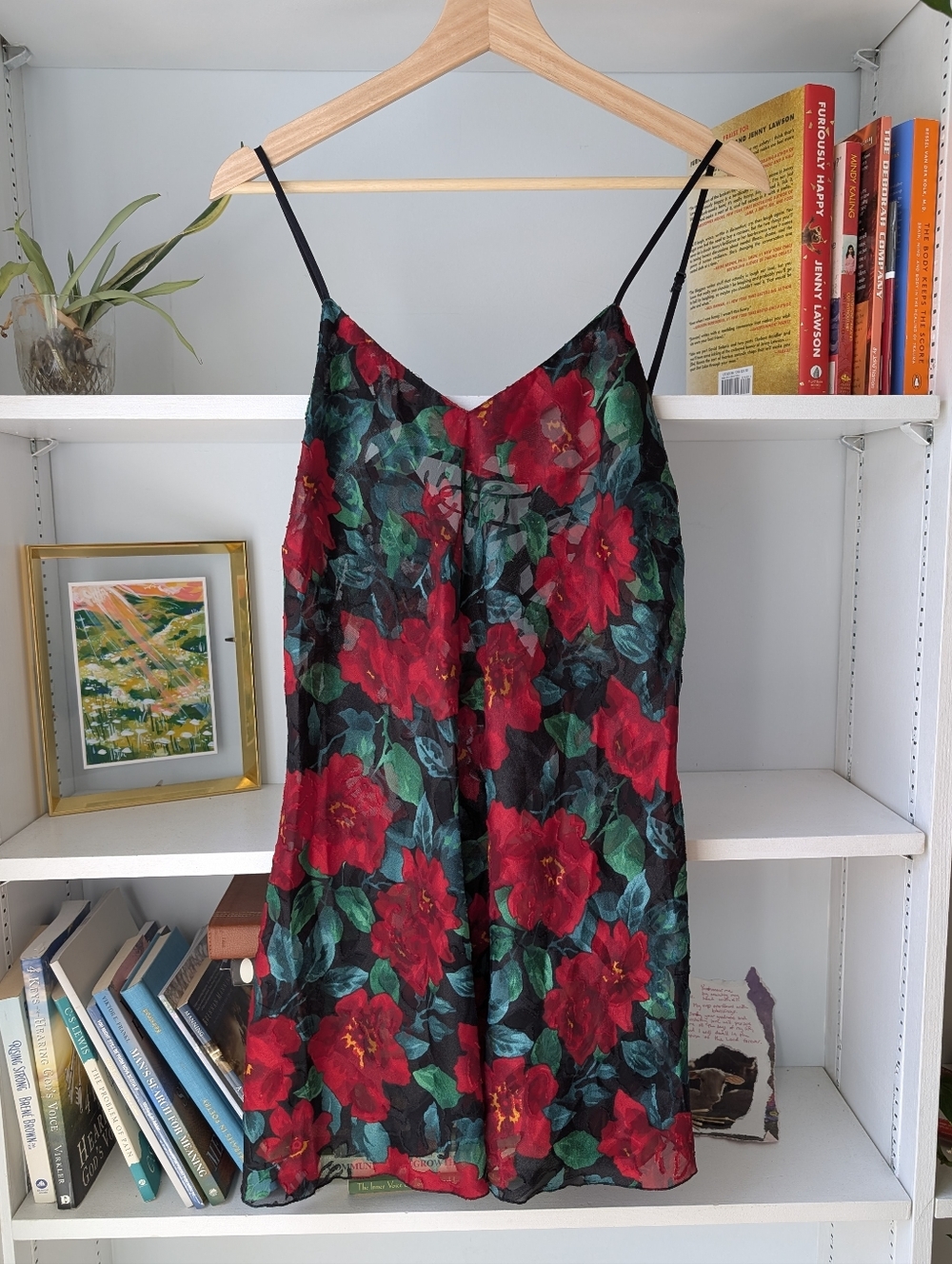 Vintage Victoria Secret Gold Label Black Sheer Slip Dress Red Floral Medium